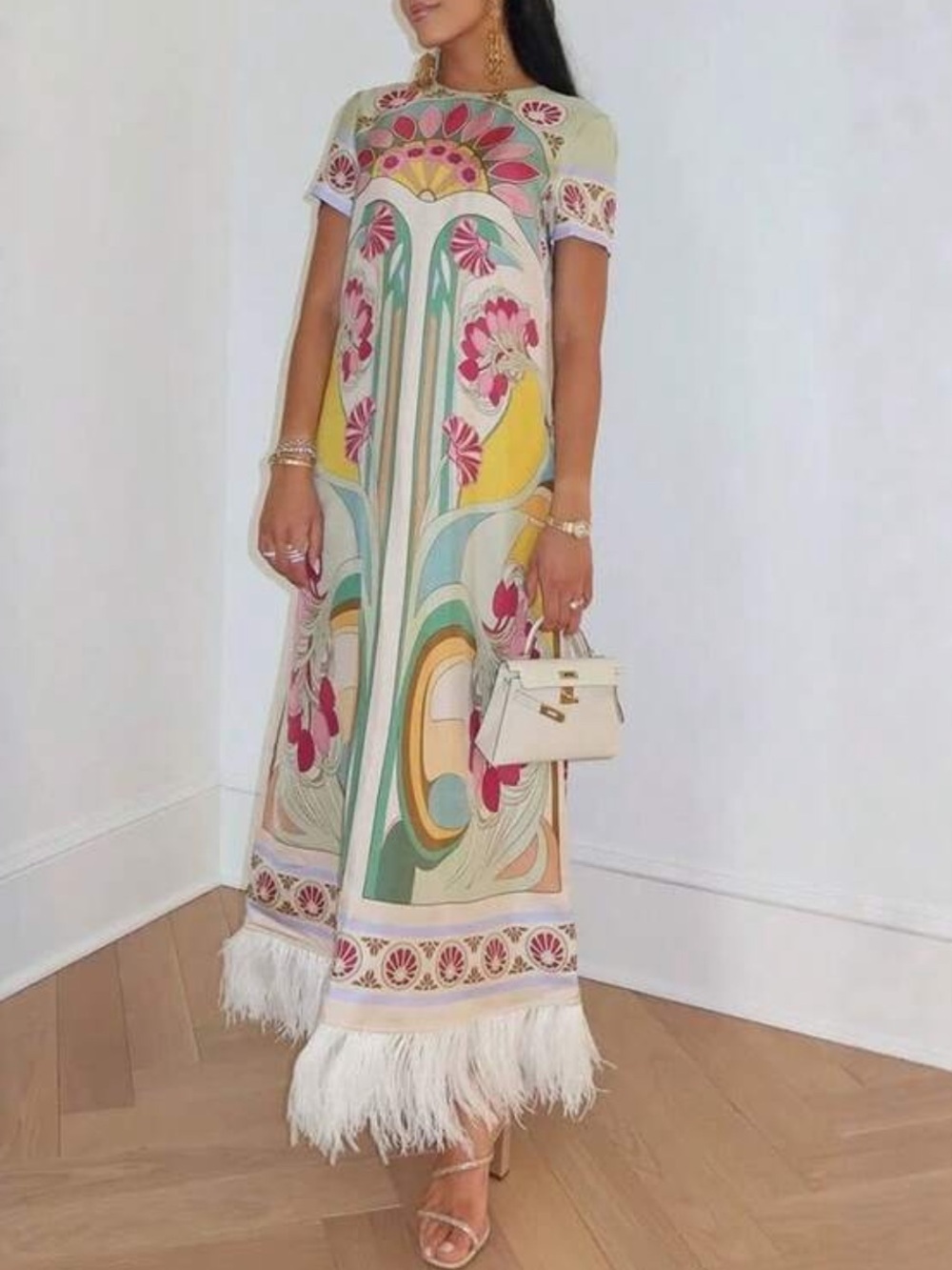 Floral Print Maxi Dress with Feather Hem - White/Multicolor
